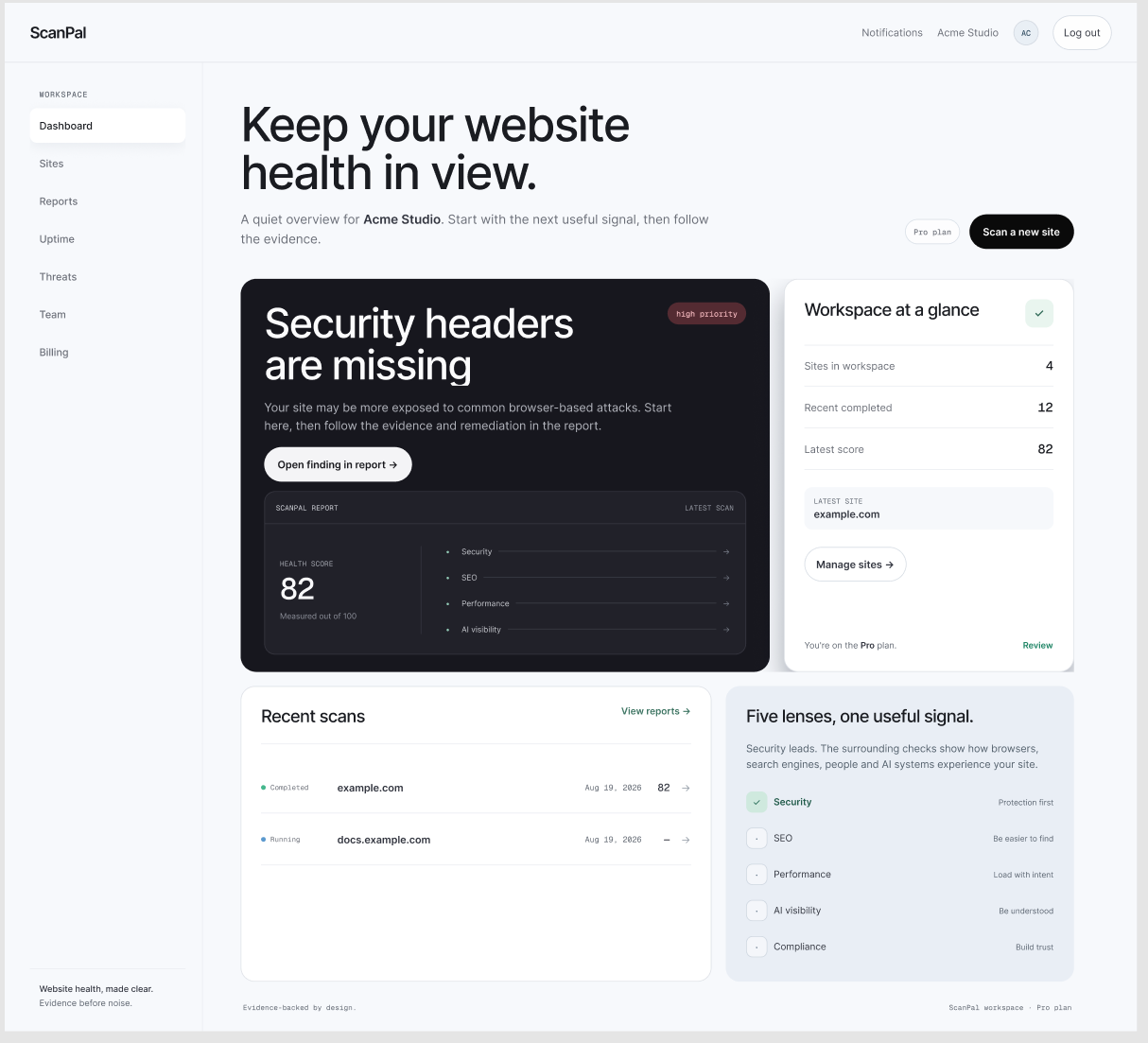 ScanPal-dashboard met websitegezondheidsscore, security-bevinding en recente scans